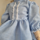 Close-up of blue and white checkered fabric with a wooden handle.